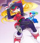  1girl bdsm blonde_hair bondage bound full_body genderswap genderswap_(mtf) helmet long_hair playstation_controller rockman rockman_zero super_famicom_gamepad x_(rockman) yuriyuri_(ccc) zero_(rockman) 