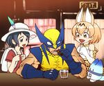  2girls animal_ears backpack bag bare_shoulders black_hair blonde_hair chiba_toshirou cigar commentary crossover cup drinking_glass elbow_gloves gloves hat hat_feather helmet kaban_(kemono_friends) kemono_friends lucky_beast_(kemono_friends) marvel multiple_girls open_mouth parody pith_helmet serval_(kemono_friends) serval_ears serval_print serval_tail short_hair smoking tail wolverine x-men 