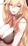  anne_bonny_(fate/grand_order) arms_at_sides artist_name bangs bare_shoulders bikini bikini_top black_bikini black_bikini_top blonde_hair breasts chain cleavage close-up collar fate/grand_order fate_(series) hair_between_eyes hair_ornament hair_scrunchie highres kojima_(blue_stardust) large_breasts long_hair looking_at_viewer open_mouth orange_eyes scrunchie simple_background smile solo swimsuit teeth upper_body white_background 