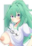  alternate_costume blush breast_hold breasts breasts_outside green_hair green_heart groping gym_uniform highres inverted_nipples large_breasts long_hair looking_at_viewer naruse_mai neptune_(series) nipples ponytail purple_eyes shirt shirt_lift solo 