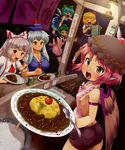  :d animal_ears antennae apron ascot ass bare_arms bare_shoulders bird_wings blonde_hair blue_dress blue_eyes blue_hair bow breasts carrying character_name cirno cleavage closed_eyes cooking cup curry curry_rice d: daajirin.koucha darkness dress dress_shirt eyebrows_visible_through_hair food food_stand from_side frying_pan fujiwara_no_mokou green_eyes green_hair hair_bow hat highres holding holding_plate holding_spoon ice ice_wings kamishirasawa_keine lamp long_hair looking_at_viewer multiple_girls mystia_lorelei naked_apron night open_mouth perspective pink_hair plate red_eyes ribbon rice rice_spoon rumia sharp_teeth shirt short_hair short_shorts short_sleeves shorts sideboob silver_hair skirt skirt_set small_breasts smile spoon suspenders sweat team_9 teeth tomato tongue tongue_out touhou v-shaped_eyebrows vest wings wriggle_nightbug yatai yellow_eyes 