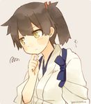  blush brown_eyes brown_hair chin_stroking closed_mouth commentary eyebrows_visible_through_hair hair_ribbon ina_(1813576) japanese_clothes kaga_(kantai_collection) kantai_collection long_hair red_ribbon ribbon side_ponytail simple_background solo tasuki thinking translated twitter_username wide_sleeves 