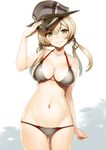  adapted_costume alternate_costume anchor anchor_hair_ornament arm_up ass_visible_through_thighs bikini blonde_hair blush breasts cleavage collarbone cowboy_shot eyebrows_visible_through_hair green_eyes grey_bikini groin hair_between_eyes hair_ornament halterneck hand_on_headwear hat highres kantai_collection large_breasts light_brown_hair long_hair looking_at_viewer low_twintails military_hat navel nylon peaked_cap prinz_eugen_(kantai_collection) simple_background skindentation smile solo swimsuit thigh_gap twintails 