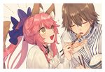  1girl animal_ears bangs blouse blue_bow blush border bow bowl brown_hair chopsticks closed_eyes fang fate/extella fate/extra fate_(series) feeding fox_ears fox_girl fox_tail hair_between_eyes hair_bow hino_hinako holding holding_bowl holding_chopsticks kishinami_hakuno_(male) long_hair open_mouth pink_hair rice rice_bowl robe simple_background smile sparkle tail tamamo_(fate)_(all) tamamo_no_mae_(fate) tan_background twintails white_blouse white_border yellow_eyes 