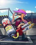  anchor_symbol black_shorts blue_footwear boots cloud cloudy_sky day domino_mask food full_body hat highres holding holding_weapon hydra_splatling_(splatoon) inkling inkling_(language) layered_clothing lens_flare long_hair long_sleeves looking_at_viewer mask one_eye_closed orange_eyes orange_hair outdoors pointy_ears popsicle print_shirt puchiman purple_hat purple_shirt shirt short_over_long_sleeves short_sleeves shorts sky sleeves_rolled_up solo splatoon_(series) splatoon_1 standing sweat tentacle_hair tupet twitter_username visor_cap weapon 
