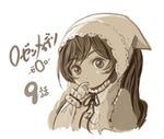  bonnet brown_hair commentary_request finger_to_mouth frilled_sleeves frills green_eyes heterochromia lace_trim long_hair long_sleeves looking_at_viewer neck_ribbon open_mouth otoufu puffy_sleeves red_eyes ribbon rozen_maiden solo suiseiseki translation_request upper_body white_background wing_collar 