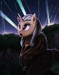  clothed clothing detailed_background equine fan_character feral grey_hair hair horn mammal my_little_pony red_eyes rublegun sky solo standing star starry_sky unicorn 