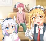  bangs beads blonde_hair blue_eyes book breasts calendar_(object) capelet commentary couch dragon_girl fang gloves hair_beads hair_ornament hairband highres horns kanna_kamui kobayashi-san_chi_no_maidragon kobayashi_(maidragon) lavender_hair long_hair maid maid_headdress medium_breasts multiple_girls nedia_(nedia_region) open_mouth red_hair self_shot slit_pupils sweater tail tooru_(maidragon) twintails 