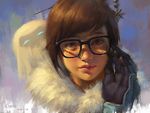  2016 artist_name bangs black-framed_eyewear blue_gloves brown_eyes brown_hair c_home closed_mouth coat dated drone eyelashes face floating fur-trimmed_jacket fur_coat fur_trim glasses gloves hair_bun hair_ornament hair_stick hand_on_eyewear hand_up jacket lips looking_at_viewer machinery mei_(overwatch) nose overwatch parka pink_lips robot short_hair sidelocks snowball_(overwatch) snowflake_hair_ornament solo swept_bangs upper_body winter_clothes winter_coat 