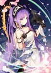  arms_behind_back bare_shoulders breasts contest_winner dress euryale fate/grand_order fate/hollow_ataraxia fate_(series) from_side hairband headdress highres jewelry lolita_hairband long_hair looking_at_viewer mask medium_breasts necomi petals pixiv_fate/grand_order_contest_1 purple_eyes purple_hair sidelocks smile solo sparkle tears twintails very_long_hair white_dress 