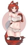  $ 2017 absolute_territory absurd_res amber_eyes animal_humanoid breasts canid canid_humanoid canine canine_humanoid clothed clothing collar ehrrr english_text fluffy fluffy_tail freckles fur gloves hair hand_behind_back hand_on_breast hi_res holding_object humanoid legwear mammal midriff navel red_fur red_hair shorts solo text thigh_highs white_fur wolf_humanoid 