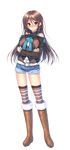  absurdres amakano_~second_season~ argyle belt blush boots brown_footwear brown_hair crossed_arms denim denim_shorts full_body fur-trimmed_boots fur_trim hair_ornament hairclip highres ichinose_honami_(amakano) knee_boots long_hair long_sleeves nose_blush official_art piromizu shorts solo striped striped_legwear thighhighs transparent_background yellow_eyes 
