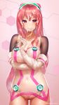  blush breasts cleavage commentary_request cum cum_on_body cum_on_breasts cum_on_hair cum_on_upper_body elbow_gloves facial genso gloves hacka_doll hacka_doll_2 hairband large_breasts long_hair looking_at_viewer pink_eyes pink_hair pubic_hair pubic_tattoo smile solo stomach_tattoo tattoo 