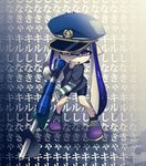  @_@ background_text bike_shorts black_shirt black_shorts blue_hair blue_hat commentary domino_mask e-liter_3k_(splatoon) full_body grimace hat highres holding holding_weapon inkling layered_clothing long_hair long_sleeves looking_at_viewer mask peaked_cap pointy_ears puchiman purple_eyes purple_footwear scope shirt shoes short_over_long_sleeves short_sleeves shorts solo splatoon_(series) splatoon_1 standing striped striped_shirt tearing_up tentacle_hair translated wall_of_text weapon 