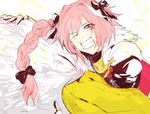  1boy bird blush braid cape clenched_teeth eyes_closed fate/apocrypha fate_(series) gloves grin long_hair one_eye_closed open_mouth pink_eyes pink_hair ribbon rider_of_black 