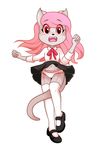  anthro black_nose blush camel_toe clothed clothing embarrassed female fur grey_fur hair invalid_tag legwear looking_at_viewer open_mouth panties pink_hair pyravia red_eyes simple_background skirt solo standing thigh_highs underwear upskirt villainchoico 