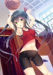  armpits arms_up bangs basketball bike_shorts black_hair blunt_bangs blush breasts cameltoe chestnut_mouth collarbone commentary_request covered_nipples cowboy_shot green_eyes hair_ribbon highres light_particles long_hair looking_at_viewer midriff moe2017 navel original red_ribbon ribbon small_breasts solo stomach twintails very_long_hair wristband yanase_aki 