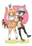  animal_ears backpack bag bare_shoulders black_hair blonde_hair blush bow bowtie breasts commentary_request elbow_gloves full_body gloves hat hat_feather helmet highres japari_symbol kaban_(kemono_friends) kemono_friends looking_at_viewer medium_breasts multiple_girls open_mouth pantyhose paw_pose pith_helmet serval_(kemono_friends) serval_ears serval_print serval_tail shirt shoes short_hair skirt sleeveless smile standing sugito_akira tail thighhighs yellow_eyes 