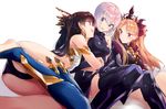  armlet ass bangs bare_shoulders black_hair black_legwear blonde_hair blue_legwear blush breasts cape crown earrings elbow_gloves ereshkigal_(fate/grand_order) fate/grand_order fate_(series) girl_sandwich gloves hair_ribbon hoop_earrings ichikei ishtar_(fate/grand_order) jewelry long_hair long_legs looking_at_another mash_kyrielight medium_breasts multiple_girls open_mouth purple_eyes purple_hair red_cape red_eyes red_ribbon ribbon sandwiched short_hair simple_background single_thighhigh skirt skull thighhighs two_side_up 