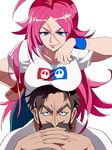  1girl ahoge beard blue_eyes breast_rest breasts breasts_on_head cleavage edward_teach_(fate/grand_order) facial_hair fate/extra fate/grand_order fate_(series) francis_drake_(fate) gendou_pose hands_clasped highres large_breasts long_hair looking_at_viewer nui_saki own_hands_together pink_hair scar smile 