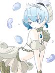  6269 bent_over bikini_top blue_eyes blue_hair chain earrings jewelry mahou_shoujo_ikusei_keikaku navel princess_deluge scales short_hair solo tiara water_drop 