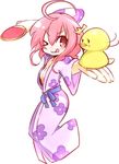  &gt;_o 100_percent_orange_juice 1girl ;p ahoge animal bath_yukata bird breasts character_name chick cleavage closed_mouth flower hono japanese_clothes kimono medium_breasts official_art one_eye_closed outstretched_arm paddle pink_hair qp_shooting red_eyes short_hair simple_background small_breasts solo syura table_tennis table_tennis_paddle tongue tongue_out white_background wide_sleeves yukata 