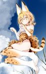  absurdres animal_ears ass bare_shoulders bare_tree blonde_hair blue_sky blush bow bowtie breasts clenched_hands closed_mouth cloud cloudy_sky commentary covered_nipples day elbow_gloves extra_ears eyebrows_visible_through_hair feet from_below full_body gloves high-waist_skirt highres huge_filesize jumping kemono_friends looking_at_viewer medium_breasts multicolored multicolored_clothes multicolored_gloves multicolored_legwear no_panties no_shoes oouso outdoors paw_pose scan serval_(kemono_friends) serval_ears serval_print serval_tail shiny shiny_hair shirt short_hair skirt sky sleeveless sleeveless_shirt smile solo tail tareme thighhighs tree upskirt white_shirt yellow_eyes 