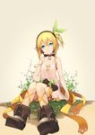  black_choker black_footwear black_gloves blonde_hair blue_eyes boots bow choker dress edna_(tales) full_body gloves green_bow hair_bow hair_ribbon hairband highres leg_ribbon looking_at_viewer ribbon sepia_background short_hair side_ponytail single_glove sitting smile solo strap_slip tales_of_(series) tales_of_zestiria tress_ribbon white_dress yingji_(zszero) 