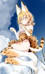  animal_ears ass bare_shoulders bare_tree blonde_hair blue_sky blush bow bowtie breasts clenched_hands closed_mouth cloud cloudy_sky commentary covered_nipples day elbow_gloves extra_ears eyebrows_visible_through_hair feet from_below full_body gloves highres jumping kemono_friends looking_at_viewer medium_breasts multicolored multicolored_clothes multicolored_gloves multicolored_legwear no_shoes oouso outdoors paw_pose scan serval_(kemono_friends) serval_ears serval_print serval_tail shiny shiny_hair shirt short_hair skirt sky sleeveless sleeveless_shirt smile solo tail tareme thighhighs tree upskirt yellow_eyes 