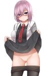  black_dress blush breasts cleft_of_venus dress fate/grand_order fate_(series) glasses hair_over_one_eye highres large_breasts mash_kyrielight mizushina_minato necktie pantyhose pantyhose_pull purple_eyes purple_hair pussy short_hair simple_background skirt skirt_lift solo white_background 