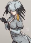  adjusting_clothes adjusting_gloves bad_id bad_pixiv_id bangs belt bird_tail bird_wings black_gloves black_hair bodystocking collared_shirt eyebrows_visible_through_hair feathered_wings fingerless_gloves gloves grey_hair grey_neckwear grey_shirt grey_shorts hair_between_eyes head_wings highres kemono_friends long_hair looking_at_viewer low_ponytail multicolored_hair necktie orange_hair pocket shiba_itsuki shirt shoebill_(kemono_friends) short_sleeves shorts side_ponytail simple_background solo wings yellow_eyes 