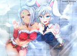  :d against_glass battle_bunny_riven blue_eyes blush breast_press breasts breasts_on_glass bunny_ears bunnysuit carrot cleavage diamond large_breasts league_of_legends looking_at_viewer midriff navel nidalee open_mouth ponytail red_eyes riven_(league_of_legends) skirt smile tie white_hair 