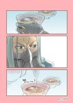  1boy 3koma comic covered_mouth cup gachimuchi green_eyes green_hair male_focus mask max_(ssss.gridman) silent_comic solo ssss.gridman teacup 