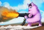  anthro blue_eyes cannon day equine fan_character female fluffle_puff fur holding_object holding_weapon hooves mammal my_little_pony pink_fur ranged_weapon rublegun sky smile solo standing tongue weapon 