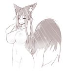  2016 animal_humanoid big_breasts big_tail breasts butt canine eyes_closed female fox fox_humanoid fur hair huge_breasts humanoid inner_ear_fluff kiri_(sub-res) long_hair mammal monochrome navel nipples nude shower simple_background sketch smile solo standing sub-res thick_thighs wet wet_fur white_background 