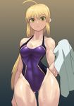  absurdres ahoge alternate_hairstyle artoria_pendragon_(all) ass_visible_through_thighs athletic bad_anatomy blonde_hair breasts cleavage collarbone competition_swimsuit contrapposto covered_navel cowboy_shot fate/stay_night fate_(series) gradient gradient_background green_eyes highres long_hair looking_at_viewer one-piece_swimsuit open_mouth purple_swimsuit saber sketch skin_tight solo sookmo standing swimsuit towel wet wide_hips 