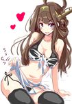  ahoge alternate_costume bare_shoulders bikini black_bikini black_legwear blush breasts brown_hair cleavage come_hither commentary_request double_bun hair_ornament hairband highres it's_ok_to_touch kantai_collection kongou_(kantai_collection) large_breasts long_hair looking_at_viewer natsu_(anta_tte_hitoha) naughty_face navel open_mouth side-tie_bikini simple_background sketch smile solo swimsuit thighhighs 