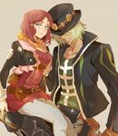  1boy 1girl belt blue_eyes boots breasts coat dezel_(tales) gloves green_hair grey_background grin hair_ornament hair_over_eyes hair_tubes hat jacket open_mouth pants red_hair rose_(tales) scarf sharp_teeth short_hair smile tales_of_(series) tales_of_zestiria 
