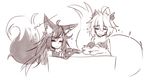  2016 animal_humanoid big_tail breasts canine clothed clothing crossed_arms duo ear_piercing eyes_closed female fluff_snake fox fox_humanoid frown fur hair horn humanoid hybrid inner_ear_fluff kiri_(sub-res) lamia long_hair mammal messy_hair monochrome monster_girl_(genre) piercing reptile scalie shenti simple_background sketch snake sub-res white_background 