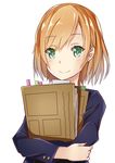  absurdres brown_hair eyebrows_visible_through_hair green_eyes highres holding looking_at_viewer miyamori_aoi shirobako short_hair simple_background smile solo sylphine upper_body white_background 