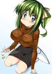  ase_(nigesapo) black_skirt blue_eyes blush breasts brown_sweater daiyousei fairy_wings green_hair highres lap_pillow large_breasts long_hair long_sleeves low_wings miniskirt pencil_skirt ribbed_sweater seiza side_ponytail sitting skirt sweater taut_clothes touhou wings 