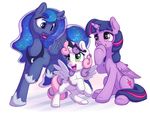  2017 blue_eyes blue_feathers blush bobdude0 cub cutie_mark equine feathered_wings feathers female feral friendship_is_magic green_eyes group hair horn long_hair mammal my_little_pony open_mouth pink_hair princess_luna_(mlp) purple_eyes purple_feathers purple_hair silfoe simple_background sweetie_belle_(mlp) twilight_sparkle_(mlp) white_background winged_unicorn wings young 