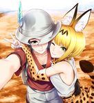  2girls ;) animal_ears animal_print arm_around_waist backpack bag black_gloves black_hair blonde_hair blurry bow bowtie cat_ears cat_tail cosplay depth_of_field elbow_gloves gloves green_eyes hat hat_feather hayami_kanade highres hug idolmaster idolmaster_cinderella_girls infinote kaban kaban_(cosplay) kemono_friends leopard_print lips looking_at_viewer miyamoto_frederica multiple_girls one_eye_closed outstretched_arm print_bow print_gloves safari_hat self_shot serval_(kemono_friends) serval_(kemono_friends)_(cosplay) short_hair short_sleeves single_elbow_glove sleeveless smile tail v yellow_eyes 