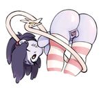  1girl ass bare_shoulders bent_over blue_skin breasts closed_mouth female hair_over_one_eye huge_ass labia leviathan_(skullgirls) looking_at_viewer monster_girl no_panties nude pussy shiny shiny_skin side_ponytail simx skullgirls smile solo spread_pussy squigly_(skullgirls) stitched_mouth striped thick_thighs thighhighs thighs uncensored white_background wide_hips zombie 