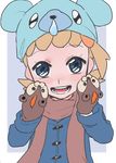  :d alternate_costume bear blonde_hair blue_coat blue_eyes blue_hat brown_scarf coat cub cubchoo eureka_(pokemon) eyebrows_visible_through_hair flat_chest gen_5_pokemon gen_6_pokemon hair_ornament hands_on_own_cheeks hands_on_own_face hat lion litleo long_sleeves looking_at_viewer low_ponytail mittens nose_drip open_mouth pokemon pokemon_(game) pokemon_xy scarf short_hair short_ponytail side_ponytail smile solo standing suzuki_zentarou tareme teeth tongue transparent_background upper_body winter_clothes 