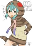  ahoge aqua_hair bangs bare_legs brown_eyes commentary copyright_name cowboy_shot crossed_bangs d: duplicate eyelashes flat_color hands_in_pockets highres hood hoodie jitome jpeg_artifacts kemono_friends long_sleeves neck_ribbon open_mouth pocket ribbon satsuyo sidelocks signature simple_background snake_tail solo striped striped_tail sweat tail translated tsuchinoko_(kemono_friends) v-shaped_eyebrows wavy_mouth white_background 