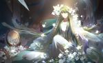  absurdly_long_hair androgynous bird bride closed_mouth collarbone commentary_request dress enkidu_(fate/strange_fake) eyebrows_visible_through_hair fate/strange_fake fate_(series) flow flower green_eyes green_hair hair_flower hair_ornament highres knee_up light light_particles long_hair looking_at_viewer male_focus mirror otoko_no_ko peacock robe sitting smile solo straight_hair sunlight tebd_menkin veil very_long_hair white_dress white_flower 