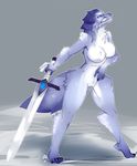  anthro breasts canine fangs female fluffyblarg fur hair mammal melee_weapon nude pussy solo stnading sword teeth weapon 