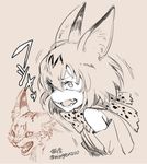  animal animal_ears bare_shoulders beige_background bow bowtie commentary_request elbow_gloves fangs from_side gloves hair_between_eyes kemono_friends ko-on_(ningen_zoo) monochrome open_mouth roaring sanpaku serval serval_(kemono_friends) serval_ears serval_print shirt short_hair sketch sleeveless sleeveless_shirt teeth twitter_username upper_body white_skin 