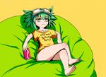  :3 animal_ears bare_legs barefoot bean_bag_chair can casual clothes_writing crossed_legs english eyebrows_visible_through_hair feet full_body goggles goggles_on_head green_hair gremlin_(monster_girl_encyclopedia) looking_away monster_girl_encyclopedia nav profanity reclining shirt short_hair simple_background sitting smile soda_can solo spiked_hair t-shirt yellow_background yellow_eyes yellow_shirt 